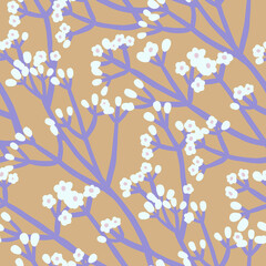 Floral seamless pattern with graphic flowers on branches. Seamless background with spring flowers.