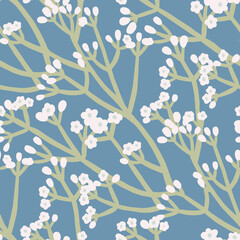 Floral seamless pattern with graphic flowers on branches. Seamless background with spring flowers.