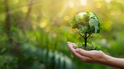 Concept of Ecology and Environment with hands protecting a globe of green tree on a tropical nature summer background