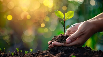 An image of farmer hands planting and nurturing a tree on fertile soil against a green and yellow bokeh background. Protect nature. - obrazy, fototapety, plakaty