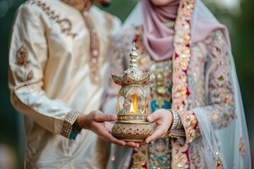 a couple holding an islamic lamp in their hands