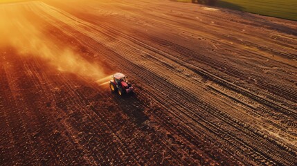 The crop is taking care of itself. An aerial view shows a tractor fertilizing an agricultural field. - obrazy, fototapety, plakaty