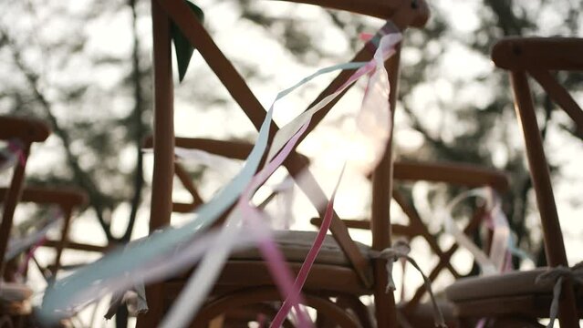 chairs in rows. Outdoor wedding ceremony, event, seminar or party with no people.

