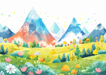 Illustration of a series of cute spring mountains