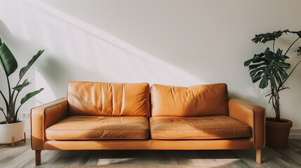 Brown sofa in a sunny white room