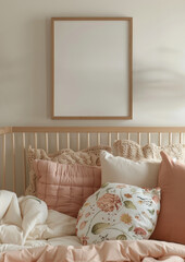 Mockup template showcasing an empty square wooden frame above a baby bed, captured in a kids' room adorned with pastel colors and exuding a cozy vibe.