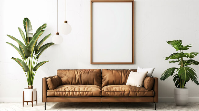 Brown sofa and blank frame