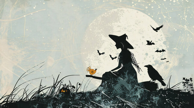 Illustration of sitting young witch. Witch silhouette