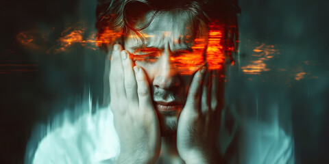 portrait of man in depression with schizophrenia and mental disorders. Person holds face in hands on a dark background - obrazy, fototapety, plakaty