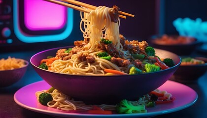 homemade noodles fried with meat and vegetables - obrazy, fototapety, plakaty