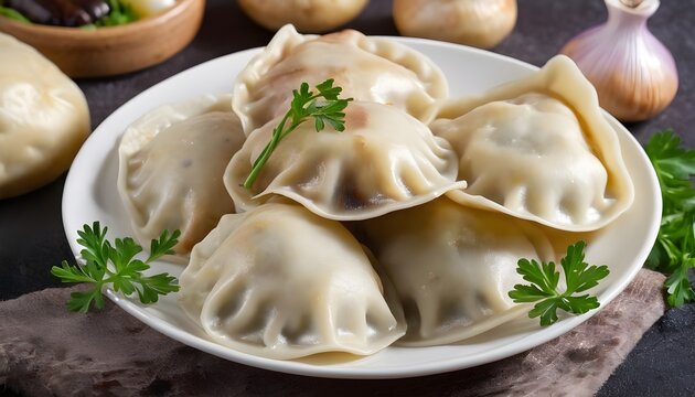 Homemade dumplings, vareniki, pierogi stuffed with potato in a pan.  Isolated, white background