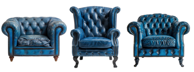 Blue leather armchair, set, isolated or white background