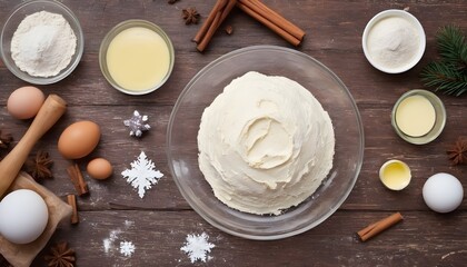 Ingredients for Christmas baking on a wooden background with place for text. Recipe for Christmas cake. Food preparation products: eggs, butter, flour, sugar.