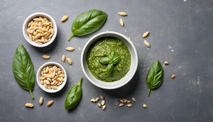 Ingredients for the pesto sauce: Parmesan, basil and pine nuts on a concrete background. Pesto sauce top view.