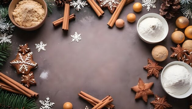 Ingredients for making Christmas baked goods. New Year's food background.