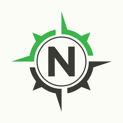 Compass Logo On Letter N Alphabet. Navigator Symbol