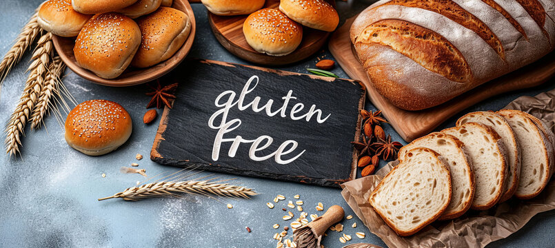 Bread products with an inscription gluten free, heathy life concept, grey background