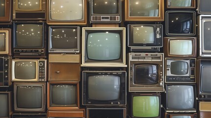 wall filled with vintage televisions showcasing technology evolution