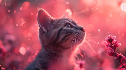 whiskered kitten with a soft gaze surrounded by glowing bokeh - obrazy, fototapety, plakaty