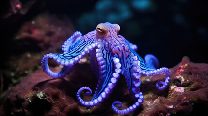 Octopus with neon violet and pink marbled skin moves among coral in an ocean shallow. Big monster creature with tentacles whip around as it scuttles through the aquatic landscape. - obrazy, fototapety, plakaty