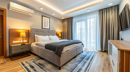 Interior of spacious light bedroom with comfortable be