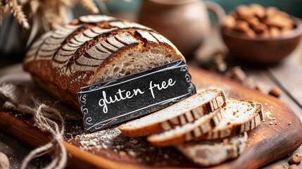 Bread products with an inscription gluten free, heathy life concept  - obrazy, fototapety, plakaty