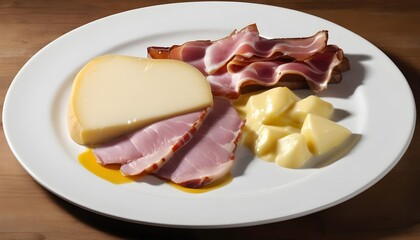 Melted Raclette Swiss cheese with boiled potato and ham.  Isolated on white background