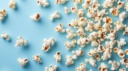Popcorn on the blue background, cinema time  - obrazy, fototapety, plakaty
