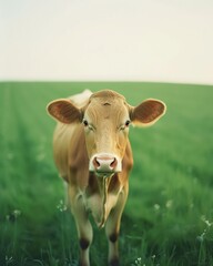 Intimate portrait of a curious cow in a lush field, a symbol of organic farming and the dairy industry