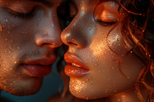 Portrait of woman and man kissing. Passionate couple of young people in love, family romantic relationship concept. Close up photo