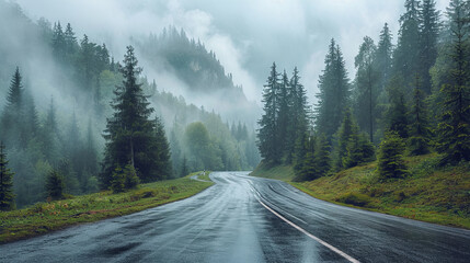 Fototapeta na wymiar Road to the mountains in the rain, travel concept, green tree background