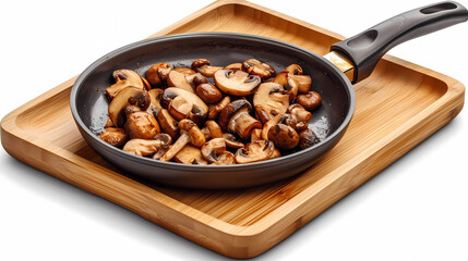 Fototapeta premium Frying pan with fried mushrooms on a wooden tray