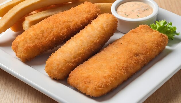 Oven baked crumbed fish sticks made from white fish. Isolated, white background.
