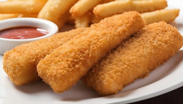 Oven baked crumbed fish sticks made from white fish. Isolated, white background.