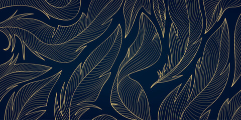 Vector gold feathers on black pattern, abstract luxury line design wallpaper. Art deco wedding texture, wing angel decoration.