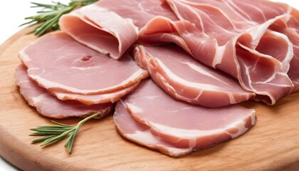 Pork ham slices on cutting board, Italian Prosciutto cotto. Isolated on white background, top view