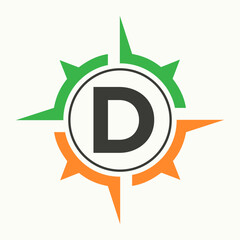 Compass Logo On Letter D Alphabet. Navigator Symbol