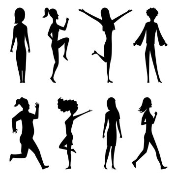 Women silhouette set. Isolated collection of girls in various poses, forms and positions. Active people. Jpeg Illustration