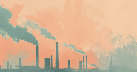 Smoke stacks rising from a factory. Suitable for industrial and environmental themes