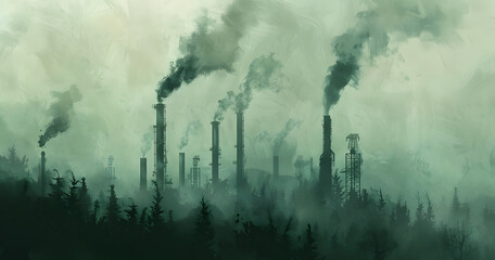 Smoke stacks rising from a factory. Suitable for industrial and environmental themes - obrazy, fototapety, plakaty