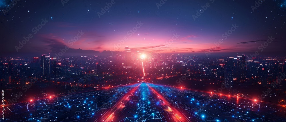 Poster a smart city concept with abstract polygon patterns and speed line lights for connection to big data