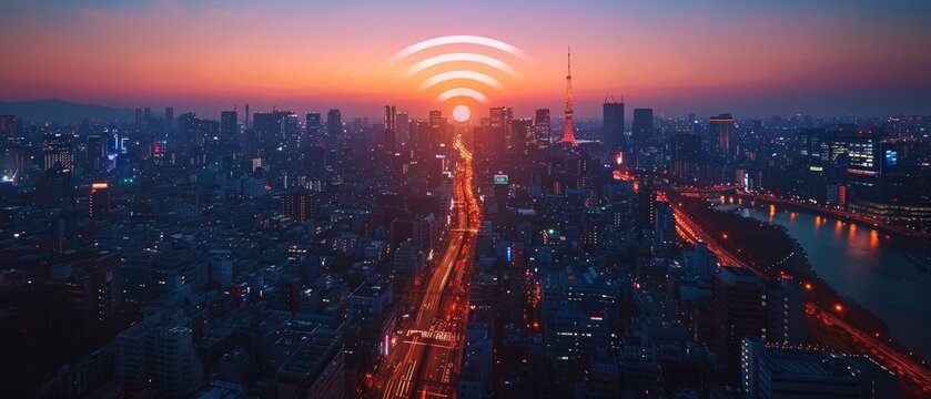 Wi-Fi connection concept for a cityscape, information communication technology