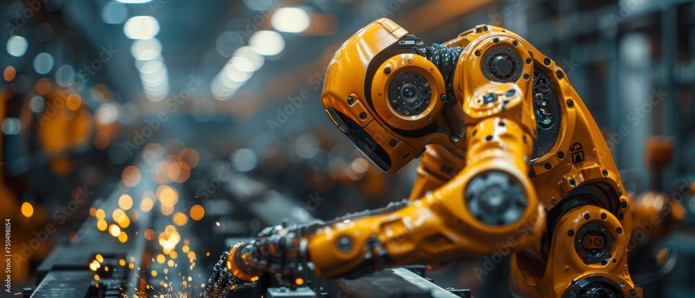 Aufkleber A welding robot and an automatic arms machine are under the control of an engineer in an intelligent factory automotive industrial with monitoring software. This is Industry 4.0.