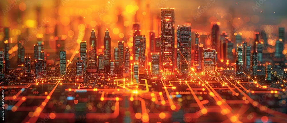 Poster diorama of an abstract city with a wireless sensor network, nodes, and connecting lines, ict, intern