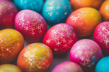 Fototapeta na wymiar A vivid close-up of multicolored Easter eggs adorned with starry patterns, representing the joy and tradition of springtime festivities.