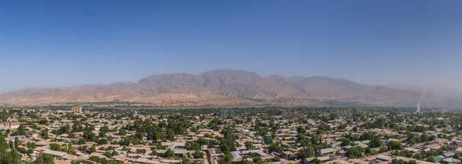 Obraz na płótnie Canvas Landscape panorama of Penjikent or Panjakent city in the Zeravshan valley, Sughd, Tajikistan