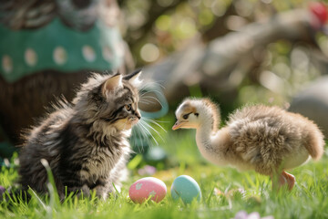 Fluffy kitten and chick confronting each other near Easter eggs on grass.