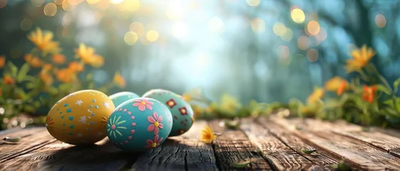 Gordijnen Easter landscape, colorful eggs on meadow under beautiful sky © Lusi_mila