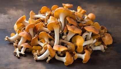 Raw wild Chanterelles mushrooms  Isolated on white background, top view - obrazy, fototapety, plakaty