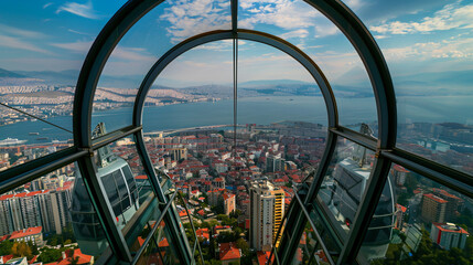 Fototapeta na wymiar Izmir City view from inside of teleferic cabin